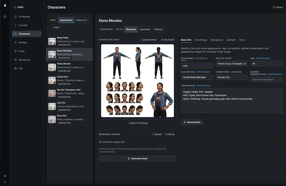 ShotPath character view: a generated character sheet for Elena Morales with turnarounds and facial expressions beside her profile details.