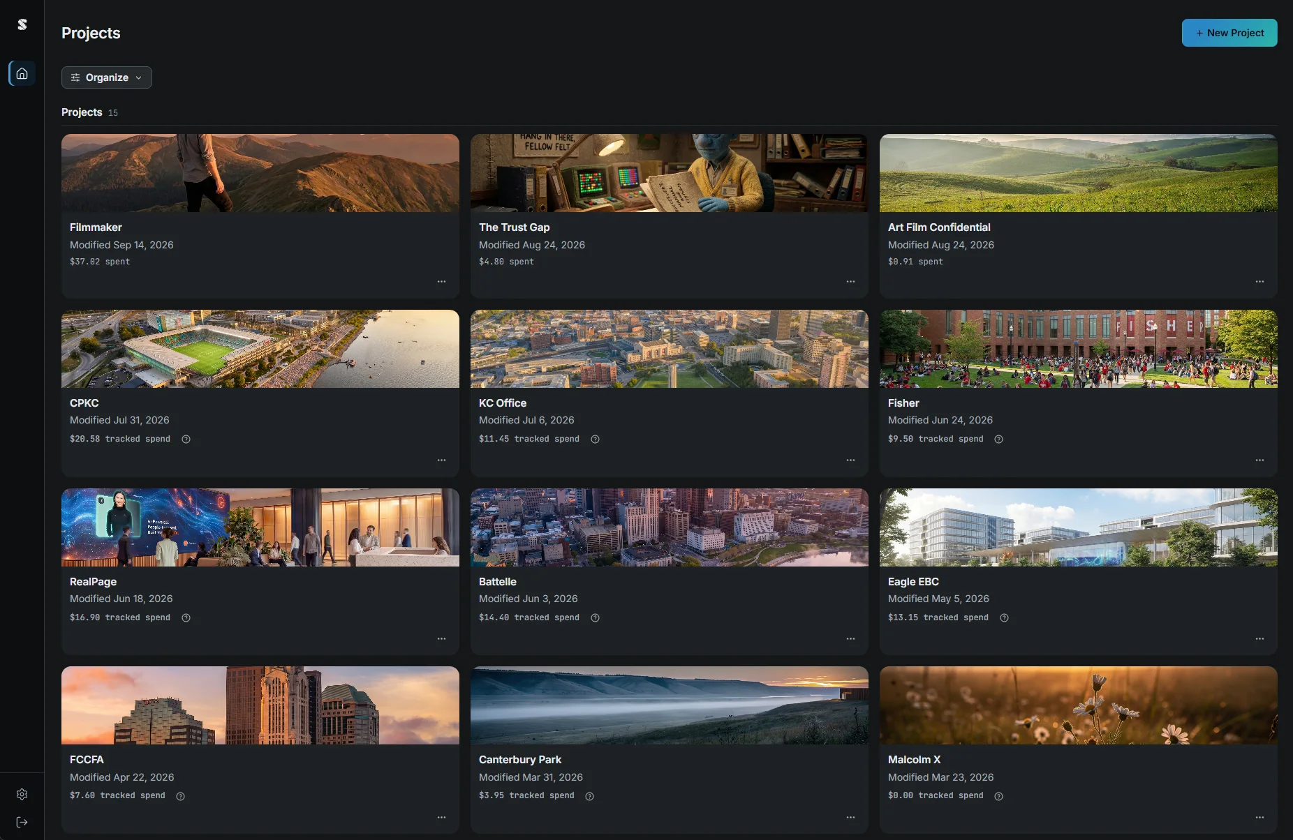 ShotPath projects view: a grid of twelve film projects, each with a cover image, modified date, and spend.
