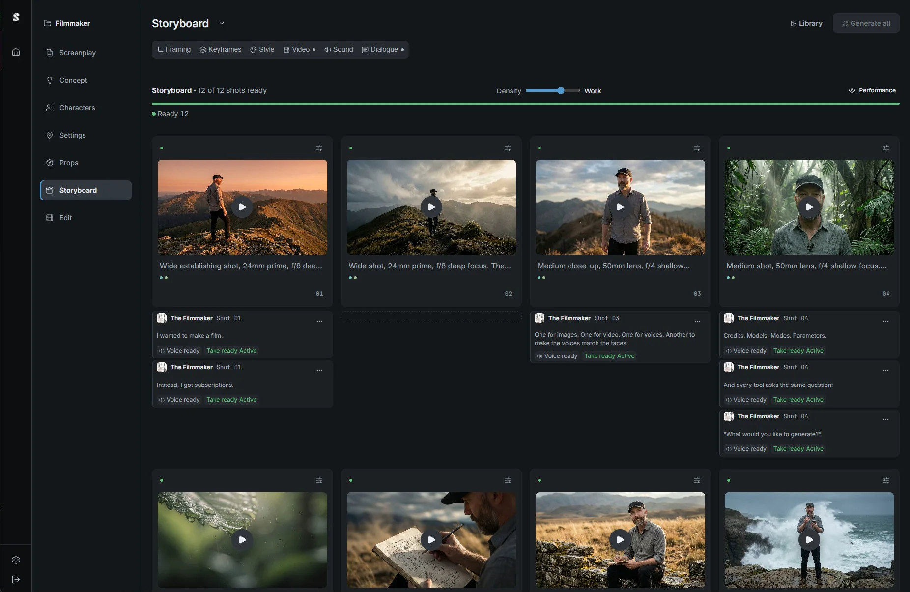 ShotPath storyboard: a grid of generated film stills of a filmmaker in mountain landscapes, with lines of dialogue and voice takes attached to each shot.