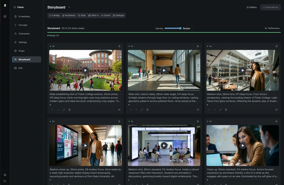 ShotPath storyboard at review density: large generated stills of a student walking through a college campus, each with its full shot description.