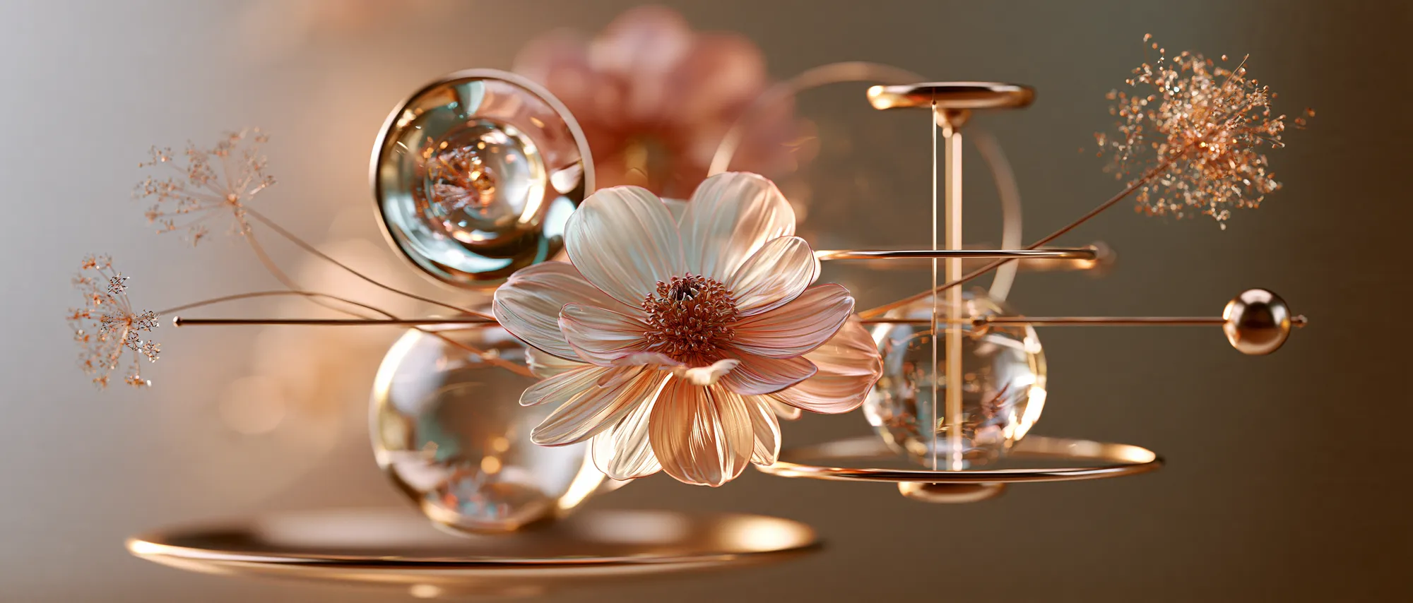 A pale pink flower suspended among glass spheres, brass rings, and dried seed heads, floating against a soft bronze backdrop.